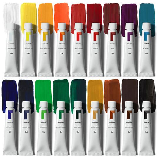 Tubes of gouache paint in two rows with colour swatch behind each tube
