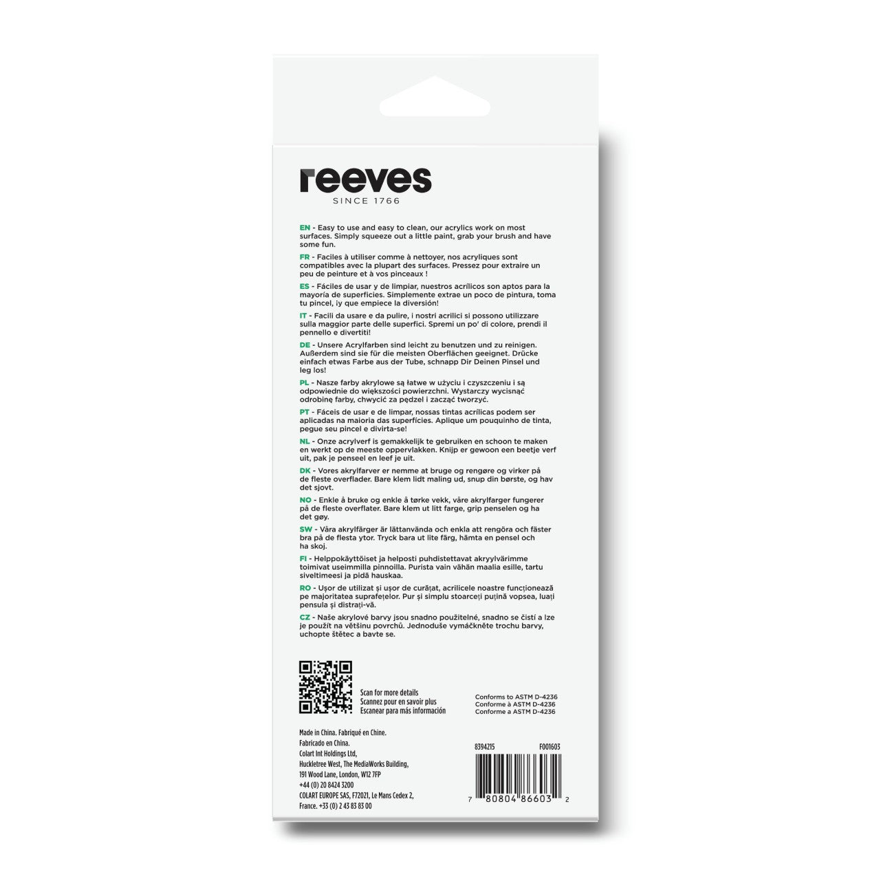 Reeves paint set of 12 - packaging reverse