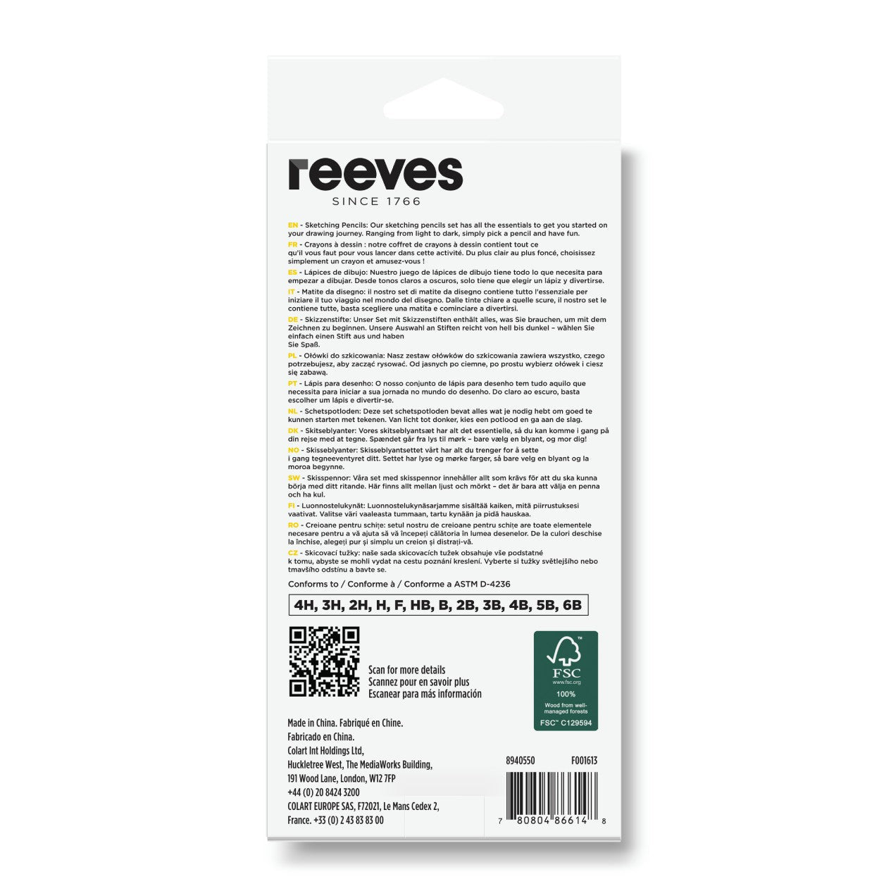 Reeves 12 pc drawing pencil set back of pack