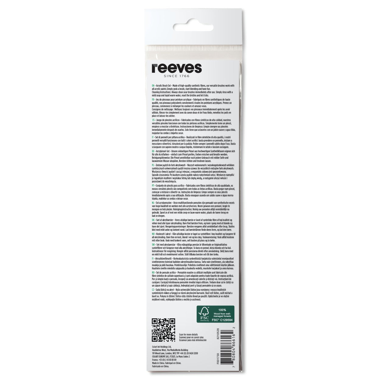 reeves 7 piece acrylic brush set back of packaging