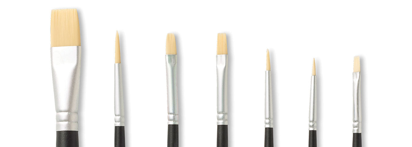 Six paintbrushes with black handles, ranging from wide flat to thin pointed and slanted shapes, on white background