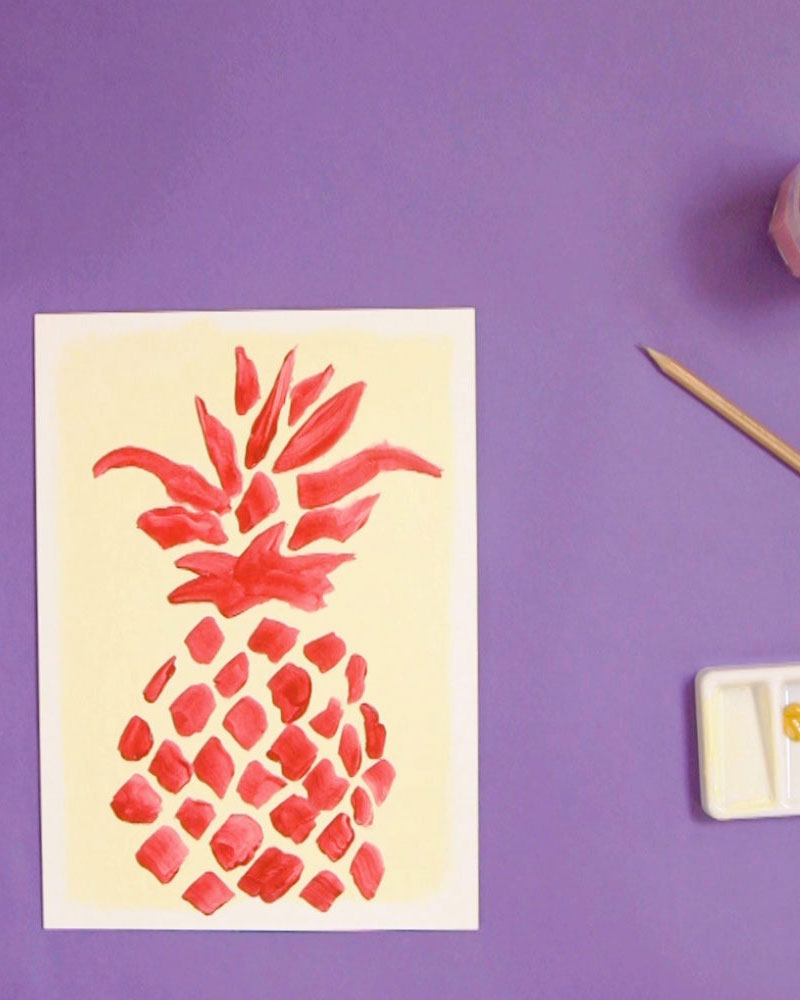 Simple abstract painting of a pineapple in red acrylic paint on a painted cream background.