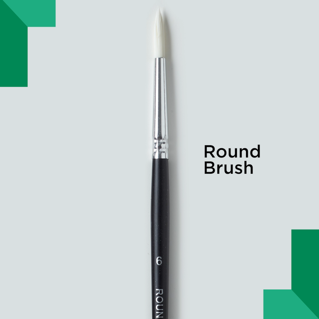 an artist paints three short horizontal green lines to demostrates the brush strokes made by a round acrylic paint brush.