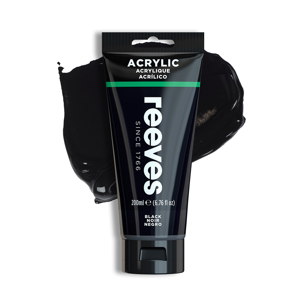 Reeves Black Acrylic Paint 200ml Tube. White Background with Paint Swatch